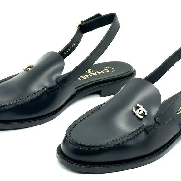 CHANEL 25P 2025 Crystal CC Logo Leather Slingback Flat Loafers Shoes Sandals - Picture 12 of 16